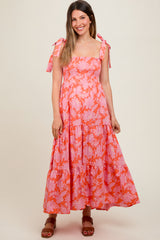 Orange Floral Tiered Shoulder Tie Maternity Dress