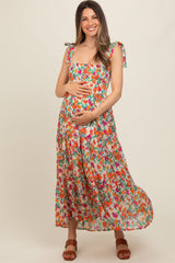 Cream Multi-Color Floral Smocked Sleeveless Maternity Maxi Dress