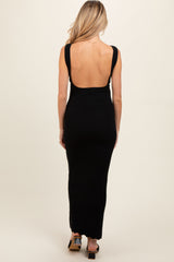 Black Ribbed Scalloped Neck Sleeveless Low Back Maternity Maxi Dress