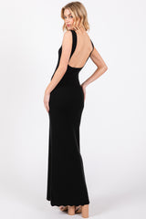 Black Ribbed Scalloped Neck Sleeveless Low Back Maxi Dress