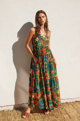 Forest Green Tropical Print Tiered Maxi Dress