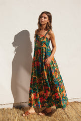 Forest Green Tropical Print Tiered Maxi Dress