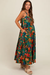 Forest Green Tropical Print Tiered Maternity Maxi Dress