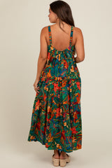 Forest Green Tropical Print Tiered Maternity Maxi Dress