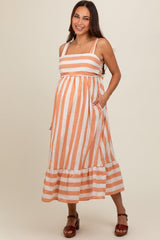 Orange Linen Striped Tie Back Maternity Midi Dress