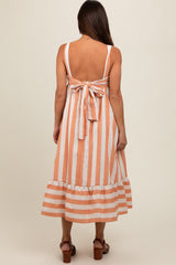 Orange Linen Striped Tie Back Maternity Midi Dress