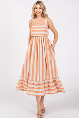 Orange Linen Striped Tie Back Maternity Midi Dress