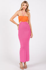 Orange Pink Colorblock Fitted Maxi