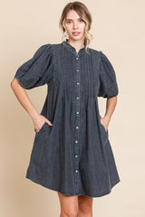 Black Button Down Puff Sleeve Dress