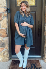 Black Button Down Puff Sleeve Maternity Dress