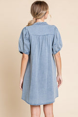 Blue Button Down Puff Sleeve Dress