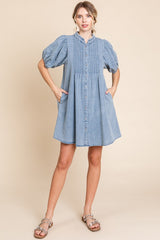 Blue Button Down Puff Sleeve Dress