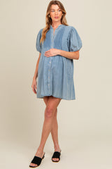 Blue Button Down Puff Sleeve Maternity Dress