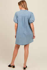 Blue Button Down Puff Sleeve Maternity Dress