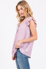 Lavender Swiss Dot Flutter Sleeve V-Neck Top