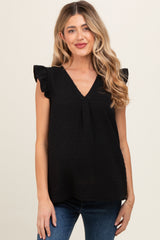 Black Swiss Dot Flutter Sleeve V-Neck Maternity Top