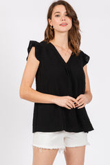 Black Swiss Dot Flutter Sleeve V-Neck Top