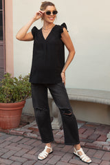 Black Swiss Dot Flutter Sleeve V-Neck Maternity Top