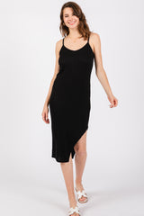 Black Ribbed Side Slit Sleeveless Maternity Midi Dress