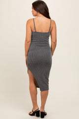 Charcoal Ribbed Side Slit Sleeveless Maternity Midi Dress