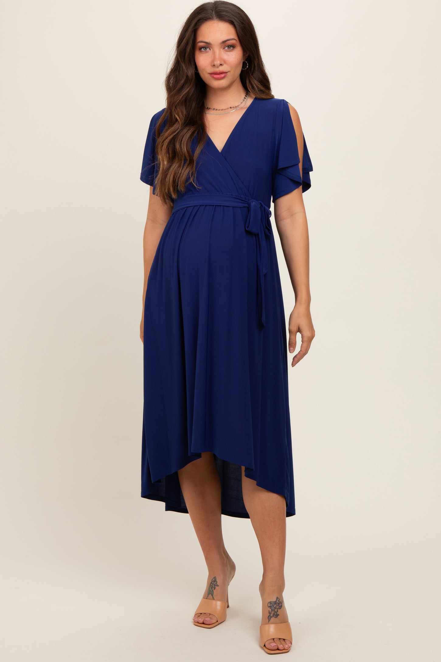 Navy Blue Flutter Sleeve Waist Tie Maternity Nursing Dress– PinkBlush