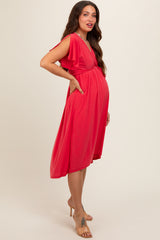 Coral Flutter Sleeve Waist Tie Maternity Nursing Dress