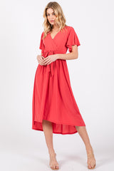 Coral Flutter Sleeve Waist Tie Maternity Nursing Dress