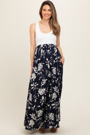 Navy Colorblock Floral Maternity Maxi Dress