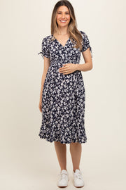 Navy Blue Floral Wrap Maternity Midi Dress