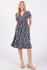 Navy Blue Floral Wrap Midi Dress