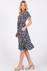 Navy Blue Floral Wrap Midi Dress