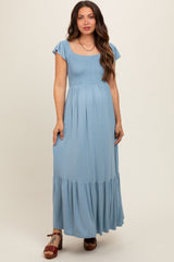 Light Blue Smocked Ruffle Hem Maternity Maxi Dress