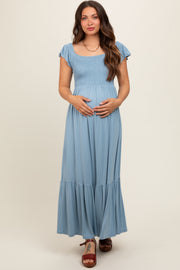 Light Blue Smocked Ruffle Hem Maternity Maxi Dress