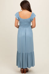 Light Blue Smocked Ruffle Hem Maternity Maxi Dress