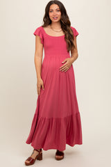 Magenta Smocked Ruffle Hem Maternity Maxi Dress