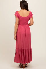 Magenta Smocked Ruffle Hem Maternity Maxi Dress