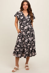 Black Floral Flutter Sleeve Maternity Midi Dress