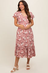 Mauve Floral Flutter Sleeve Maternity Midi Dress