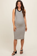 Cream Black Striped Sleeveless Fitted Knit Maternity Dress