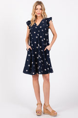 Navy Blue Floral Ruffle Cap Sleeve Maternity Dress