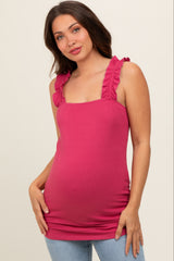 Magenta Ribbed Ruffle Strap Sleeveless Maternity Top