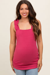 Magenta Ribbed Ruffle Strap Sleeveless Maternity Top