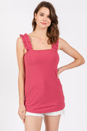 Magenta Ribbed Ruffle Strap Sleeveless Top