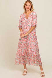 Light Pink Floral Front Tie Button Up Maxi Dress