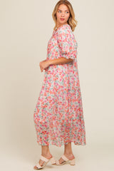 Light Pink Floral Front Tie Button Up Maxi Dress