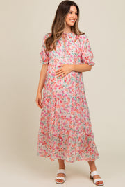 Light Pink Floral Front Tie Button Up Maternity Maxi Dress