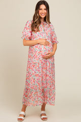 Light Pink Floral Front Tie Button Up Maternity Maxi Dress