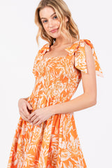 Orange Floral Smocked Tie Shoulder Midi Dress