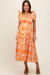 Orange Floral Smocked Tie Shoulder Maternity Midi Dress