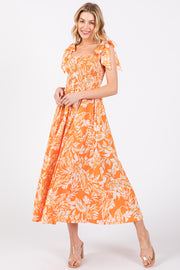 Orange Floral Smocked Tie Shoulder Midi Dress